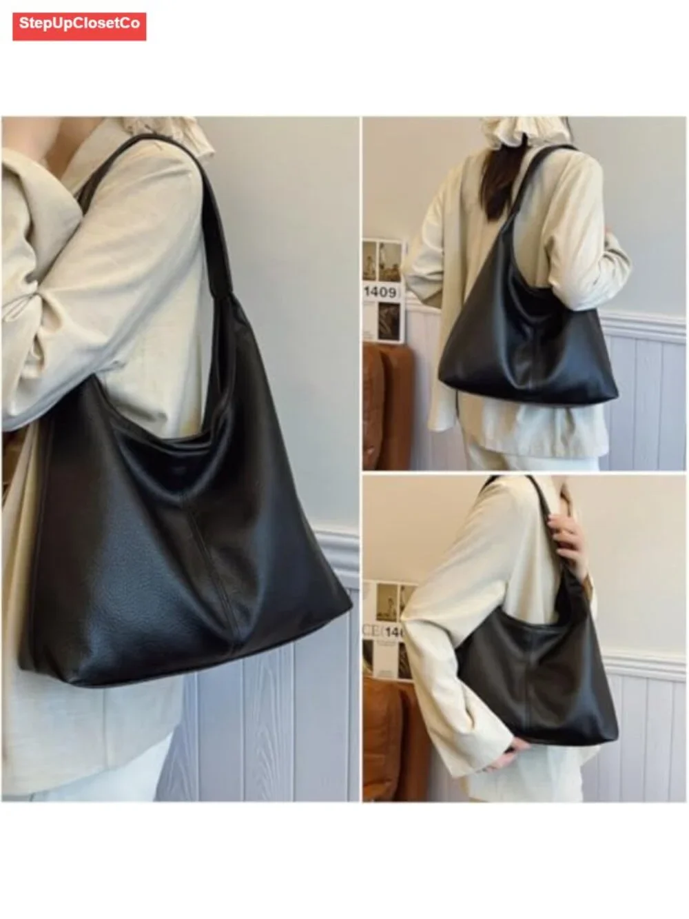 Medium Slouchy Hobo Bag Vegan Leather Shoulder Tote Purse